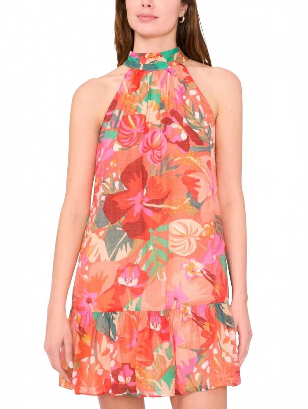1. State Coral Pink, Red, Green Floral Strapless Halter Dress Size Small